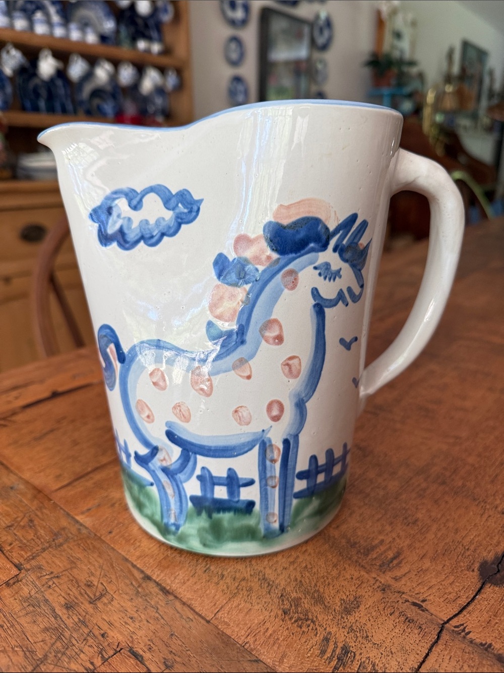Vintage M.A.Hadley Pottery Pitcher- Rare Ice Lip- Country Scene Blue Collection